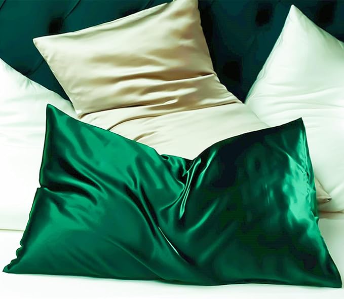 Green Silk Pillow Cases Made in USA, Oeko-TEX Certified 22 Momme Mulberry Silk Pillowcase for Hair and Skin Standard Size with Zipper, Anti Wrinkle,1 Pcs 20"x26" (Standard, Emerald) - Bloomnest
