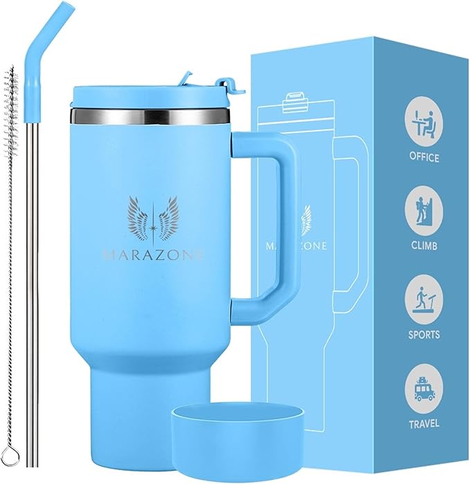 40 oz Insulated Tumbler with Handle and Straw – Stainless Steel Double Wall Vacuum Cup Fits Car Cup Holder, Hot Cold Travel Mug, BPA Free Reusable Water Bottle Gift for Women Men - Sky Blue - Bloomnest