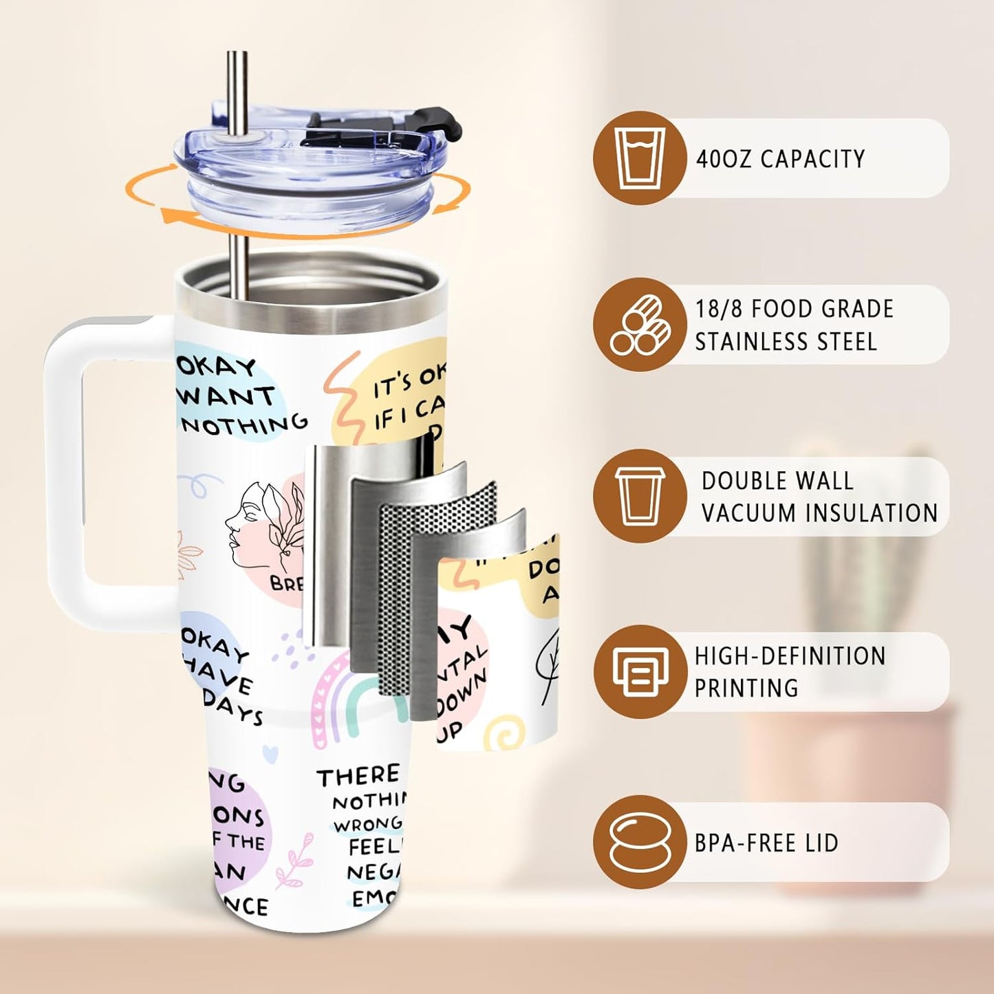 DUUV Mental Health Gifts for Christmas Thanksgiving, My Mental Breakdown Cup, Inspirational Gifts for Women Men Friends Bestie Sister, Positive Affirmations 40 Oz Tumbler with Handle, 1PCS