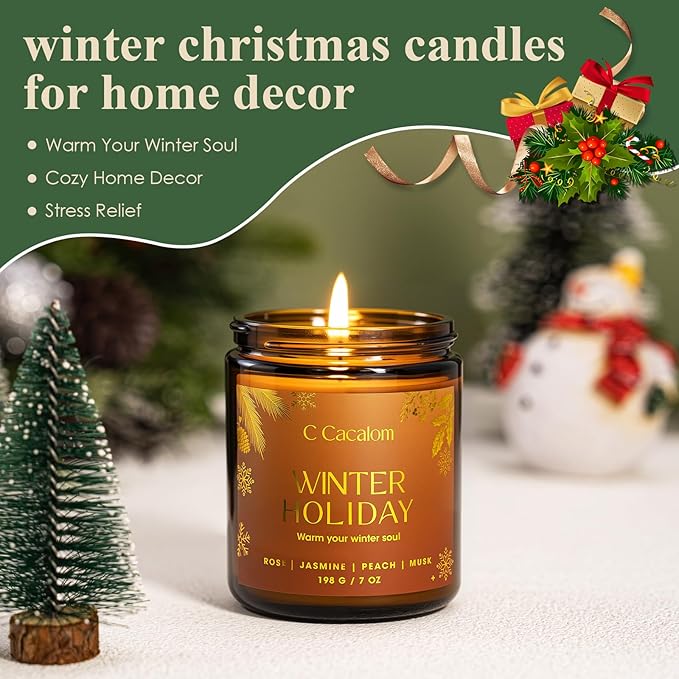 Christmas Soy Candles for Christmas Home Decor Non-Toxic Aromatherapy Scented Candles for Holiday Christmas Gifts, Cozy Cute Jar Candle, Winter Candle for Women Men, Winter Holiday Jasmine Rose Candle - Bloomnest