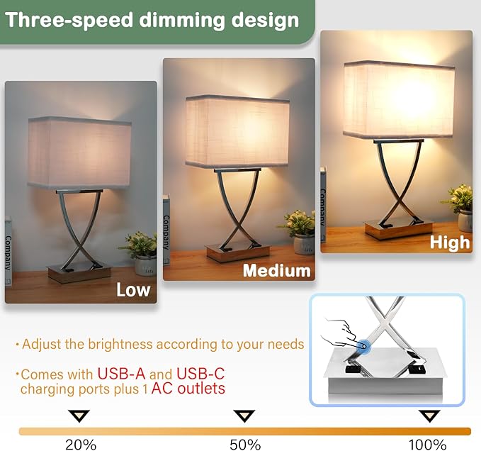 21.38" Table Lamp for Bedroom Living Room 3-Way Dimmable Touch Control Medium Chrome Bedside lamp with USB A+C Ports，Nightstand Lamp with White Linen Shade Bulb Included (White-Chrome) - Bloomnest