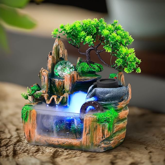 10Inch Bonsai Tree Rock Water Fountains Indoor Tabletop Waterfall Humidifier with LED Light and Atomizer Mist, Desktop Decoration Fake Plants Mini Fish Tank Feng Shui Decor Festival Birthday surprise - Bloomnest