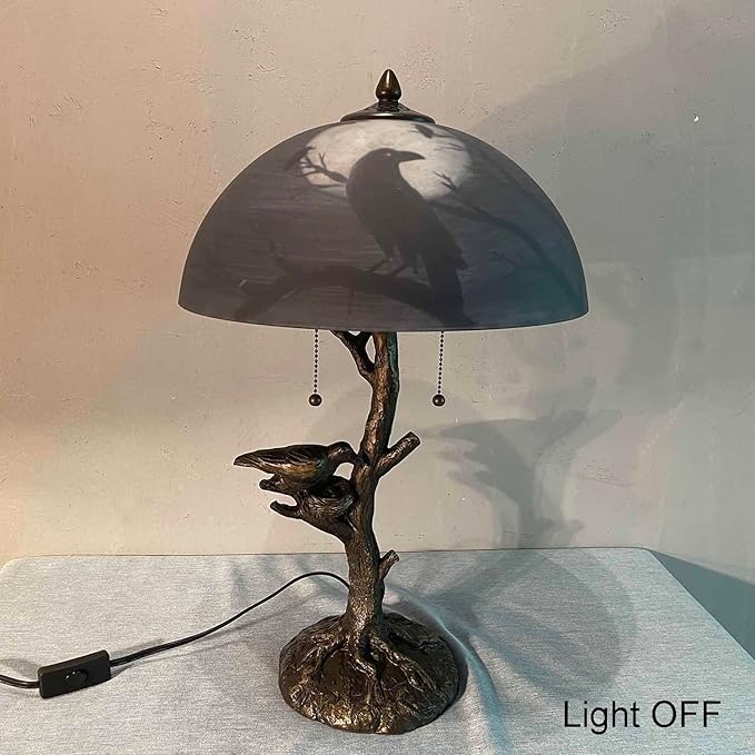 Bieye L10945 Ravens Sitting on Bare Tree Branch Against Full Moon Hand-Painted Glass Table Lamp with Raven Nest Lamp Base for Halloween Home Decor
