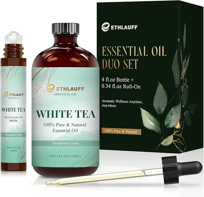 White Tea Diffuser Oil - White Tea Essential Oils for Diffuser Refill & Air Freshener Room Spray, Long-Lasting, Natural Home Fragrance and Scent for Diffusers(4 fl.oz Bottle + 0.34 fl.oz Roll-On) Ethlauff