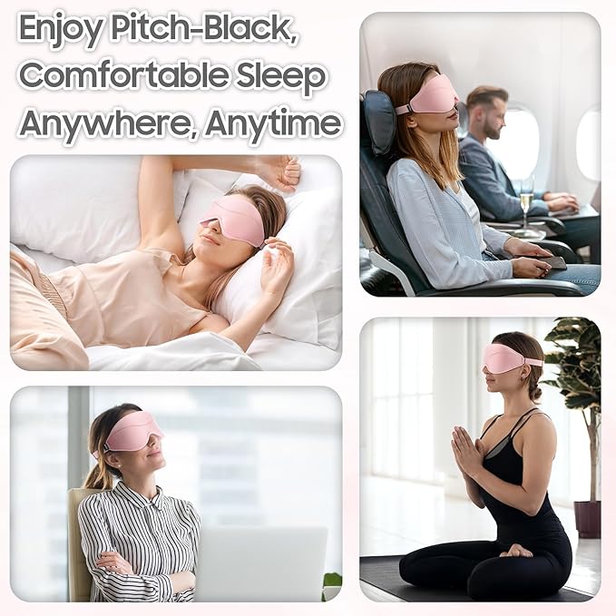 Sleep Mask - Total Blackout 3D Sleeping Mask, Super Lightweight & Silky Soft Eye Mask for Sleeping, Fully Adjustable Fit for Home, Office, Traveling, Meditation, Yoga, Pink - Bloomnest