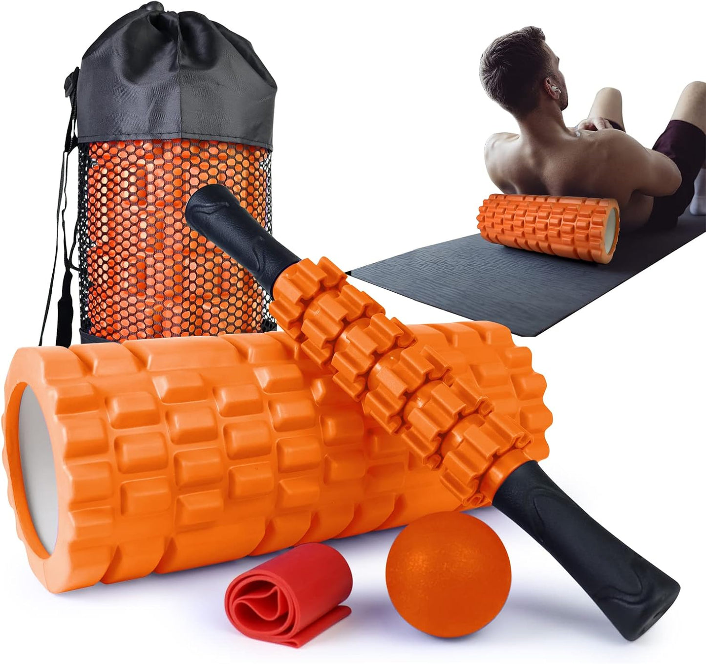 5 in 1 Foam Roller Set for Deep Tissue Muscle Massage, Trigger Point Fitness Exercise Roller, Massage Ball, Stretching Strap, Whole Body (Orange)