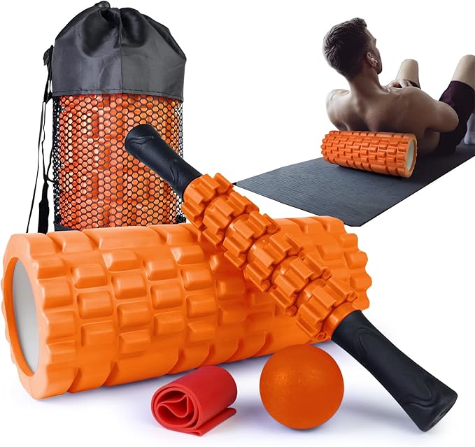 5 in 1 Foam Roller Set for Deep Tissue Muscle Massage, Trigger Point Fitness Exercise Roller, Massage Ball, Stretching Strap, Whole Body (Orange) - Bloomnest