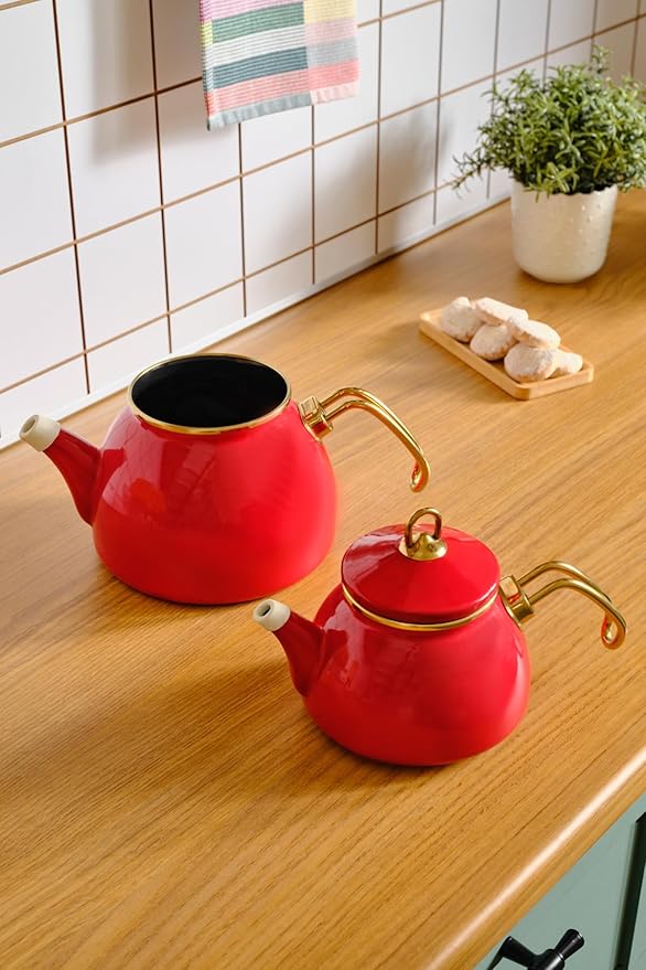 Karaca Retro Turkish Teapot for Stovetop, 1.1L Turkish Tea Pot & 2.3L Kettle, Dishwasher Safe, Induction Tea Pot Set, Vibrant Color Lasting Enamel, Samovar Style, Red - Bloomnest