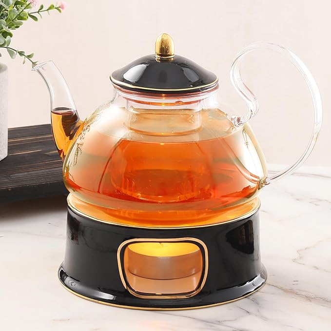 DUJUST Blooming Tea Pot Set, Luxury British Design with Relief Decor & Gold Trims, Hand-Crafted Clear Teapot with Warmer, 40oz Glass Teapot with Infuser, Stove-Safe Tea Party Gift & Home - Black - Bloomnest