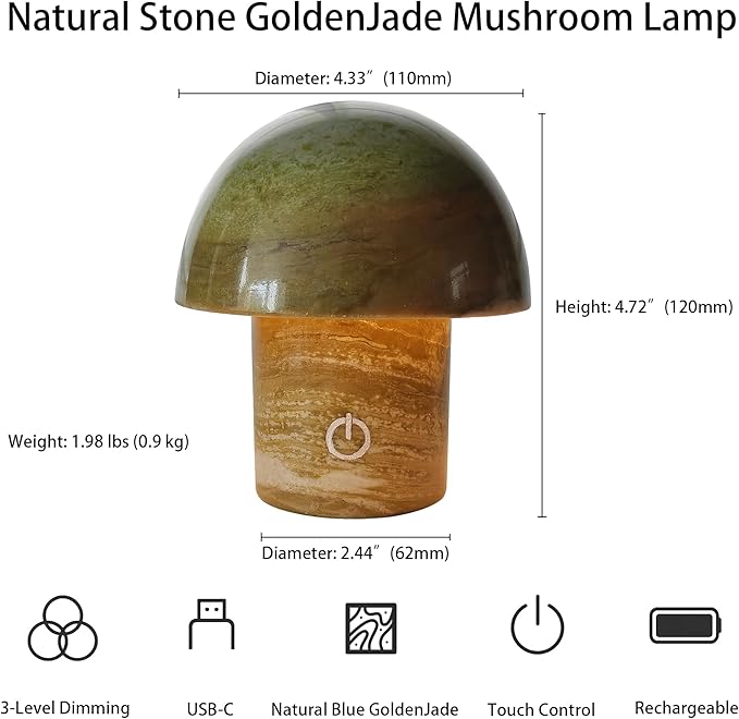 Natural Stone Mushroom Lamp - Jade Gemstone Night Light with LED, Touch Control 3 Brightness, USB Rechargeable Bedside Table Decor Gift - Bloomnest