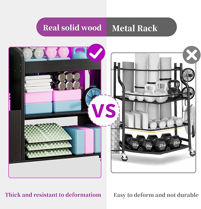Weight Rack for Dumbbells, Home Gym Organizer Rack Yoga Mat Holder with Wheels and Hooks, All in One Workout Storage for Yoga Mat, Foam Roller, Gym Storage Storage for Home Exercise(Wood) - Bloomnest