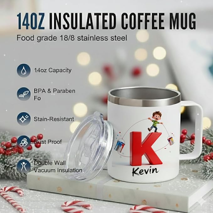 Personalized Kids Mug for Boys with Custom Name, Fun Paint Splash Initial Cup - 14oz Insulated Stainless Steel Tumbler with Handle & Lid, Creative Christmas Stocking Stuffer & Birthday Gift (B67) - Bloomnest