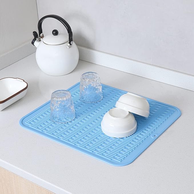 Silicone Dish Drying Mat for Multiple Usage,Easy clean,Eco-friendly,Heat-resistant Silicone Mat for Kitchen Counter or Sink,Refrigerator or Drawer Liner Light Blue 2XL 24 inches x 18 inches - Bloomnest