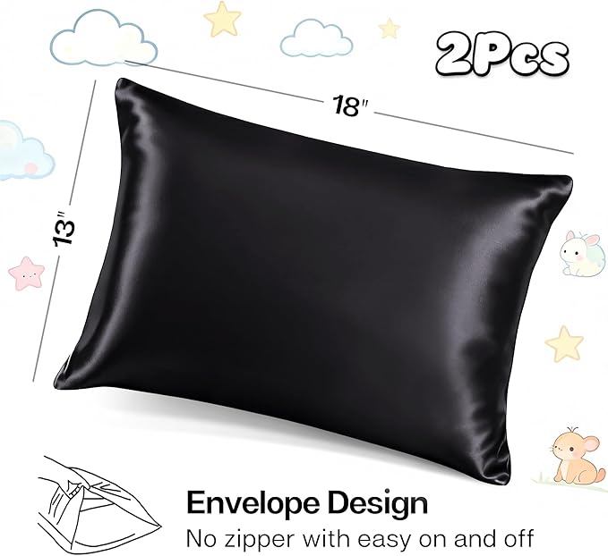 MR&HM Satin Pillowcase for Hair and Skin, Silk Satin Pillowcase 2 Pack, Toddler Size Pillow Cases Set of 2, Silky Pillow Cover with Envelope Closure (13x18, Black) - Bloomnest