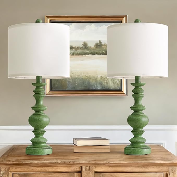 BOBOMOMO 24" Farmhouse Table Lamps Set of 2 – Sage Green Bedside Lamps with Linen Shades, Medium Traditional Lamps for Living Room, Bedroom, and Entryway, Vintage Lamp with Soft Natural Serenity - Bloomnest