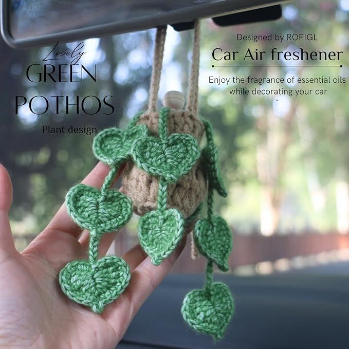 Handmade Crochet Hanging Car Air Freshener- Lifelike Green Pothos for Hanging with 12ml Thick Refillable Glass Diffuser Bottle, Suitable Decor for Car Rearview Mirror, Home & Wellness Spaces - Bloomnest