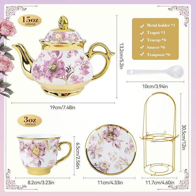 20 Pcs Porcelain Tea Set with Metal Holder, European Ceramic Tea Set for Adults, Adult Tea Set Gift, Flower Tea Cup Saucer Set for Party With Gold Flower Painting (Elegant Purple) - Bloomnest