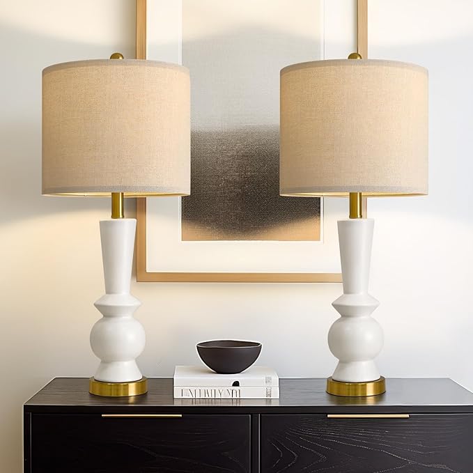 PORTRES 27" Modern Ceramic Table Lamp Set of 2 for Living Room White & Gold Bedside Lamps for Bedroom Nightstand Lamp Tall End Table Lamps - Bloomnest
