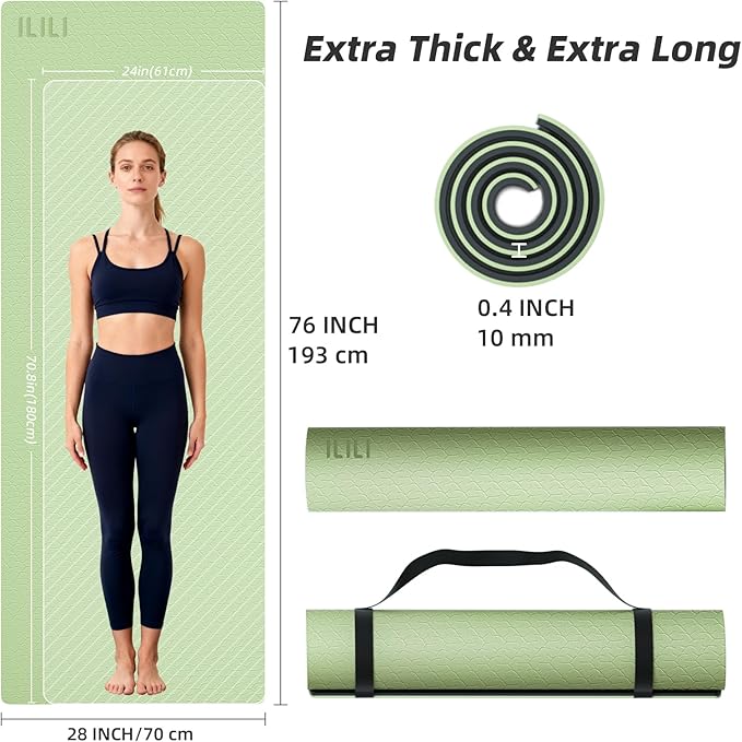 ILILI Yoga Mat 10mm Extra Thick and 193cm Extra Long, 76x28×0.4 Inch, Double Color Non-Slip TPE Material, Easy Carrying with Strap, Ideal for Yoga, Pilates, Floor Exercise, Home and Outdoor Use, Eco Friendly - Bloomnest