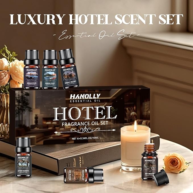 Hotel Diffuser Oils Gift Set - 6x10ML Luxury Hotel Scent Essential Oils Set for Diffuser, Candle Making - My Route, Serene Coast, Night Velvet, 24K Bloom, Dream State, After Warmth Fragrance Oil - Bloomnest