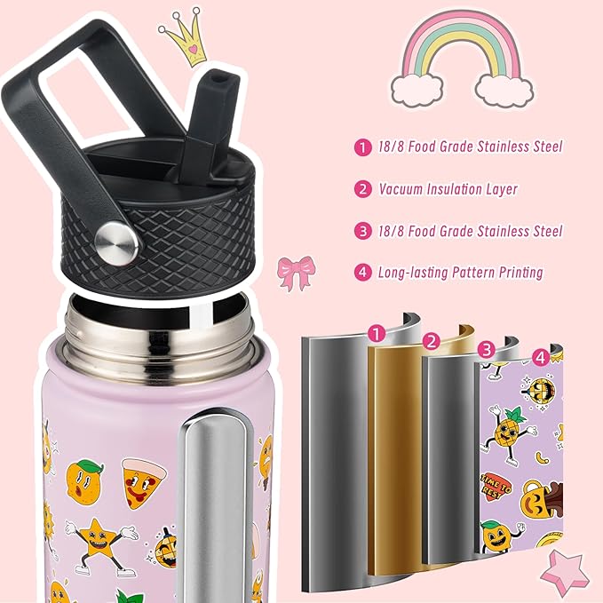 BJPKPK Insulated Water Bottle with Straw Lid, 22 oz Stainless Steel Metal Water Bottles, Reusable Leak Proof BPA Free Water Bottles, Cups, Thermo, Hawaii Fruits-Purple - Bloomnest