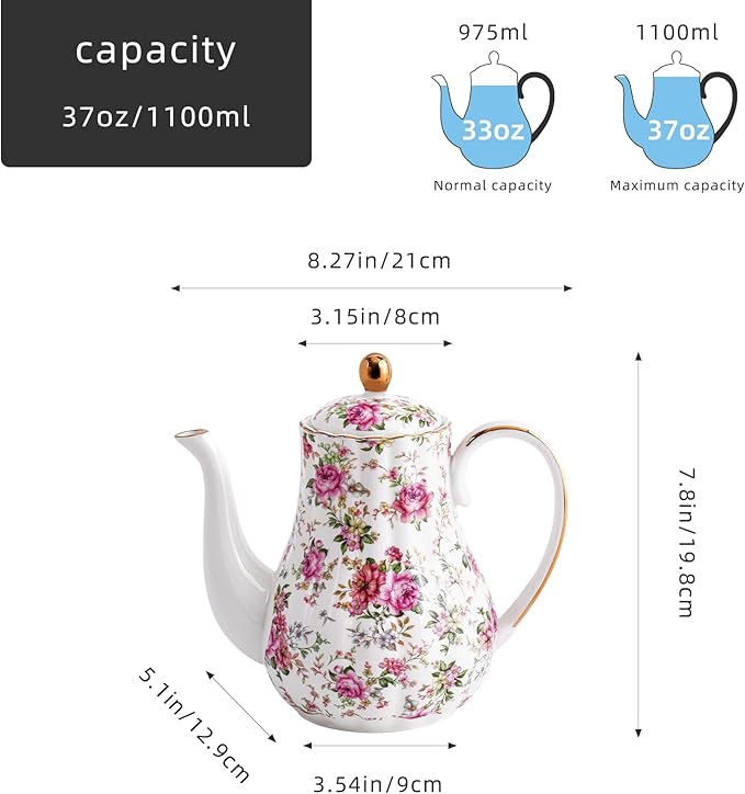 Tea Pot, Porcelain Teapot 37oz,tea pots for tea party,Tea Infuser Pots for Blooming loose Leaf Tea (White with flower)
