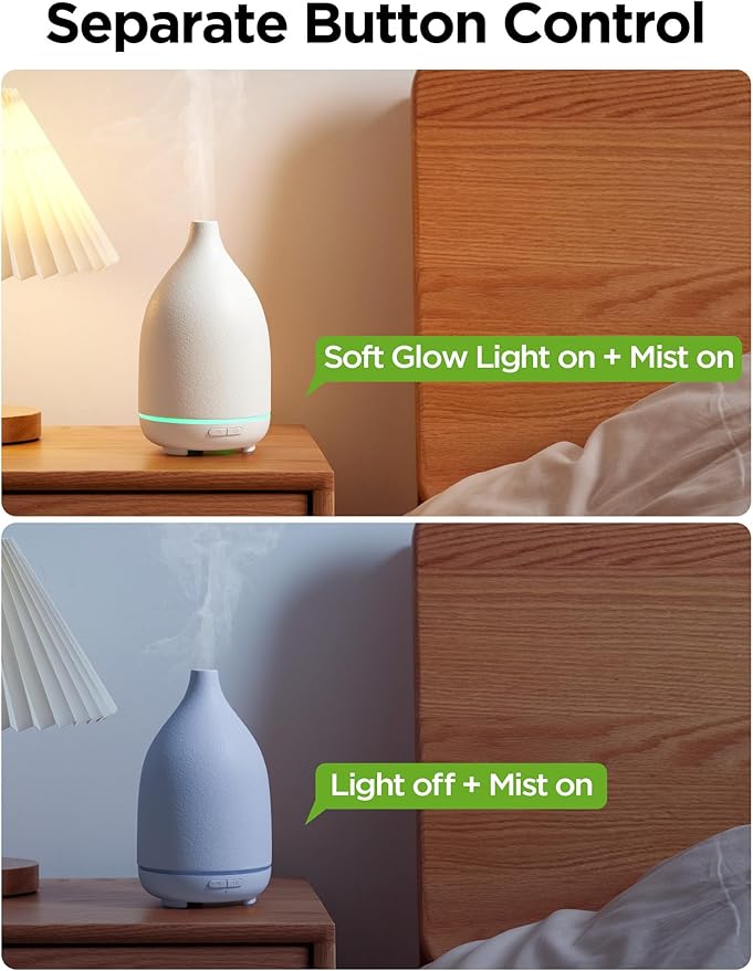 InnoGear Oil Diffuser, 150ML Ceramic Diffuser for Essential Oils Handcrafted Aromatherapy Diffuser Ultrasonic Cool Mist Humidifier with 2 Mist Modes Waterless Auto Off for Room Office, White Base - Bloomnest