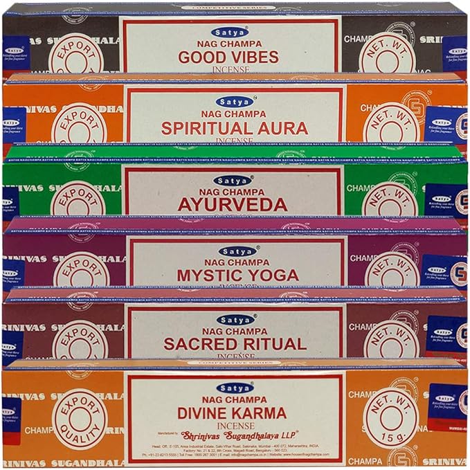 Satya Incense Sticks Variety Pack #5 and Incense Stick Holder Bundle with 6 Yoga and Meditation Themed Fragrances TRUMIRI