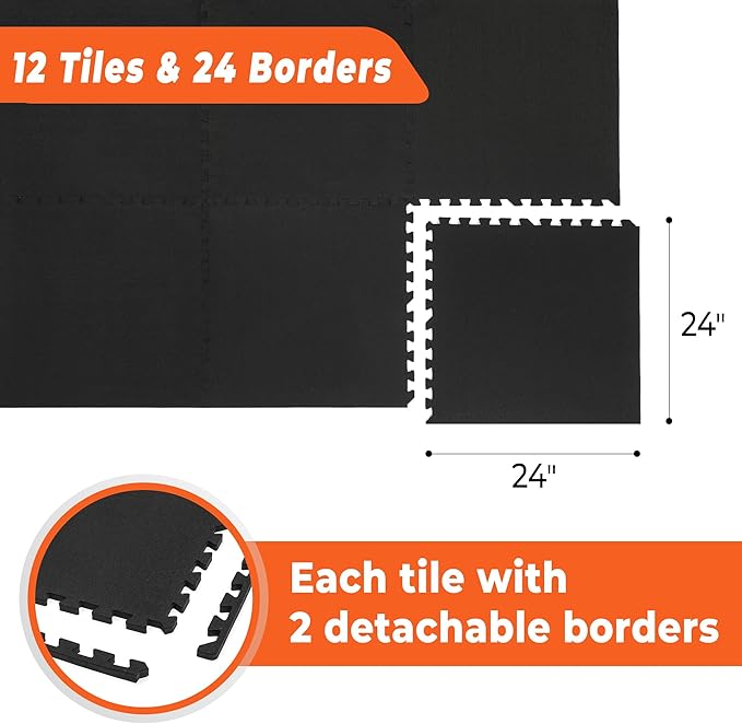 SUPERJARE 0.4'' Thick 12 Pcs 48 Sq Ft Rubber Top Exercise Equipment Mats, High Density EVA Foam Mats with Rubber Top, Interlocking Gym Flooring for Home Gym, Protective Workout Mat, Black - Bloomnest