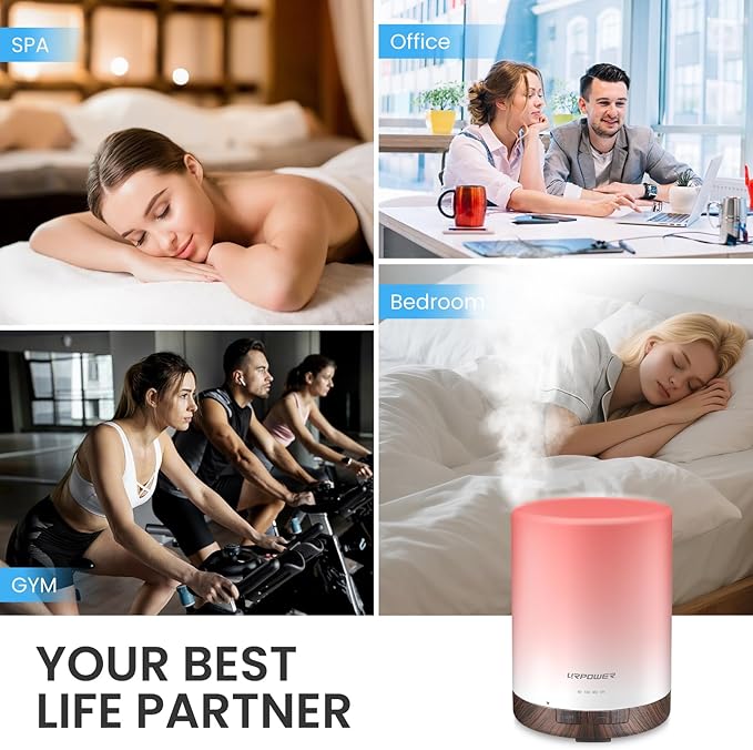 URPOWER 300ml Essential Oil Diffuser Ultrasonic Air Humidifier AUTO Shut Off Aromatherapy Scent Diffuser Night Light 7 Color Changing LED Lights and 4 Timer Settings for Home Office Yoga - Bloomnest