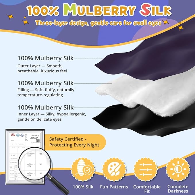Silk Kids Sleep Mask: 100% Mulberry Silk Eye Mask, Sleeping Masks with Adjustable Strap, Soft & Light-Blocking Printed Kid Eye Cover for Boys Girls Teens Aged 5-15 (Space Dog Theme) - Bloomnest