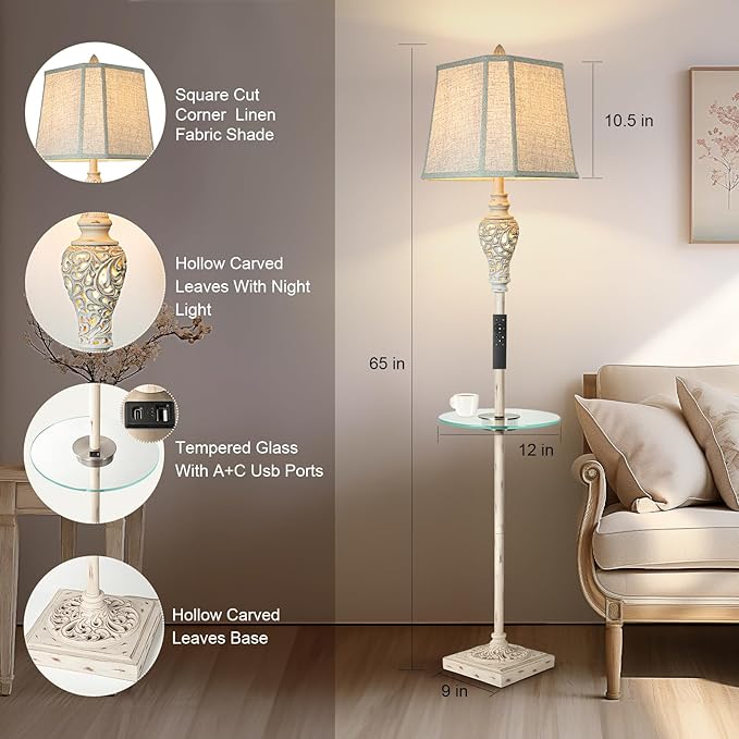 Rustic Floor Lamp, Living Room Lamps with Glass Tray, stepless diming Floor Lamp with Remote Control and USB A&C Charging Ports for Living Room Bedroom Office Smart Bulbs Included - Bloomnest