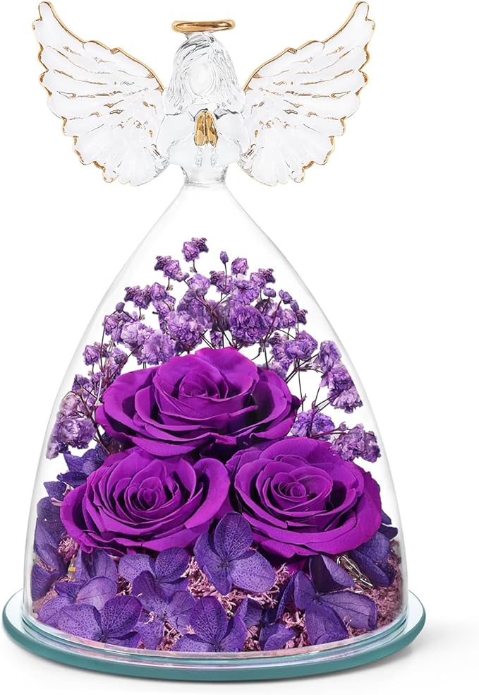 Valentines Day Gifts for Her Women Preserved Flower Rose, Forever Eternal Flowers in Glass Angel Figurines Flowers for Delivery Prime Purple Gift for Grandma Mom Sister Wife Girlfriend Mother Birthday - Bloomnest