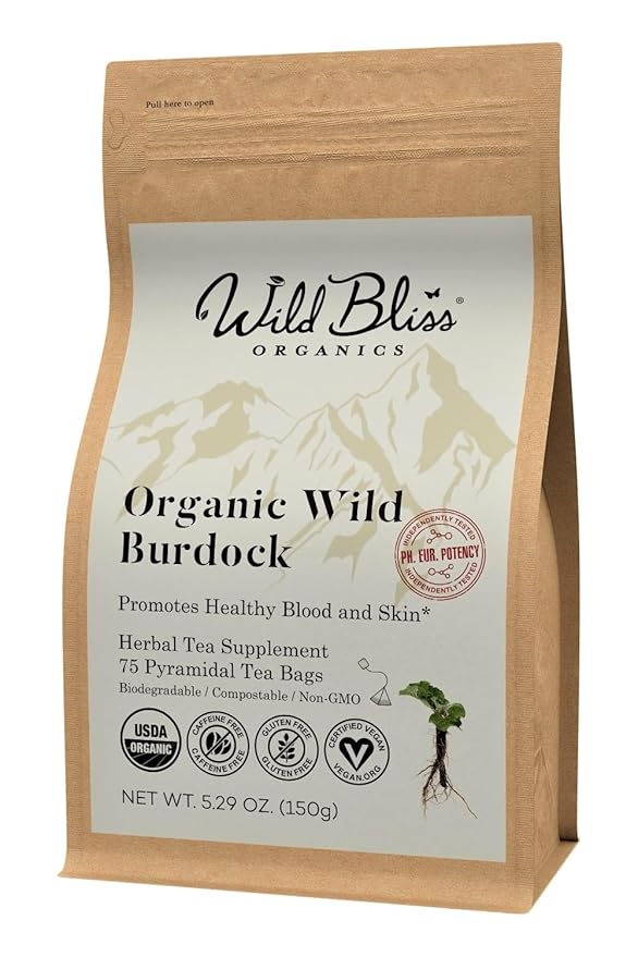 Wild Bliss Organic Burdock Root Tea - Caffeine Free Herbal Detox Support - Pharmacopoeia Quality - 75 Plant Based Tea Bags - Bloomnest