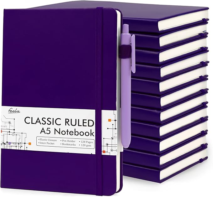 feela 12 Pack Notebooks Journals Bulk, Hardcover Notebook Classic Ruled Journal Set with Pen Holder for School Business Work Travel Writing, with 12 Black Pens, 120 GSM, 5.1”x8.3”, A5, Purple - Bloomnest