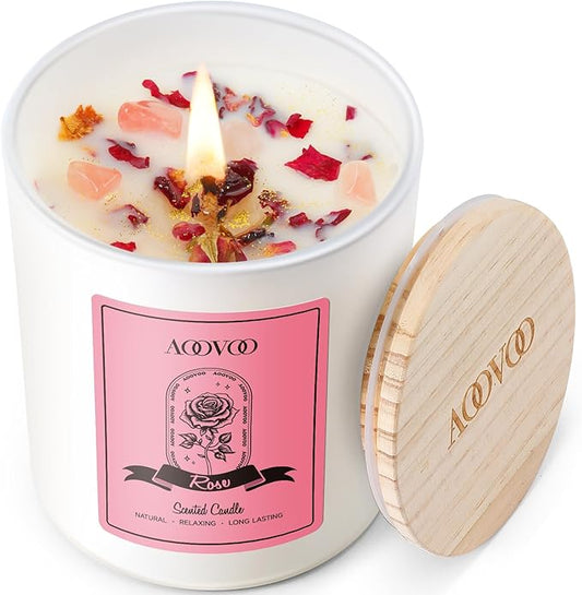 AOOVOO Rose Scented Candles for Women - Aromatherapy Candle with Crystals Inside, 10oz Soy Candles for Home Scented, Birthday Gifts Christmas Candle for Mom Women - Bloomnest