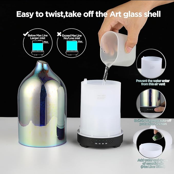 3D Glass owl Aromatherapy Diffuser 160ml ultrasonic Cool Mist Scent Aroma Essential Oil Diffuser Humidifier with Intermittent Mist & LED 7 Colorful Changing Night Light for Bedroom Home inrorans