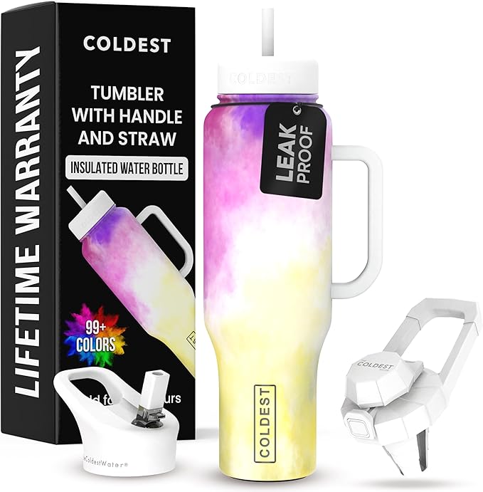 Coldest Tumbler with Handle and Straw, 100% Leak Proof Insulated Tumbler with Lid and Straw (3 Lids), Stainless Steel Tumblers for Women & Men, Cup Holder Friendly, 46 oz (Clouds of Tie Dye) - Bloomnest