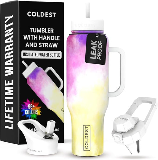 Coldest Tumbler with Handle and Straw, 100% Leak Proof Insulated Tumbler with Lid and Straw (3 Lids), Stainless Steel Tumblers for Women & Men, Cup Holder Friendly, 46 oz (Clouds of Tie Dye) - Bloomnest