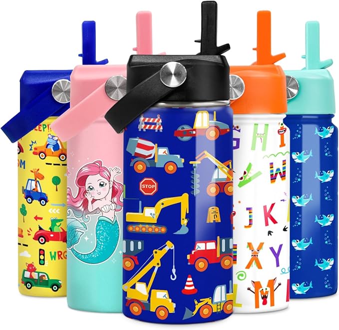 Kids Water Bottle with Straw Construction Insulated Water Bottles 12oz Stainless Steel Travel School Tumbler Double Wall Vacuum Cup for Boys Kid - Bloomnest