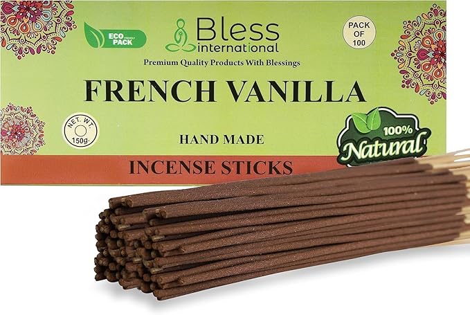 Bless-French-Vanilla 100%-Natural-Handmade-Hand-Dipped-Incense-Sticks Organic-Chemicals-Charcoal-Free Purification-Relaxation-Positivity-Yoga-Meditation Best-Woods-Scent (100 Sticks(5.25 OZ)) BlessInternational