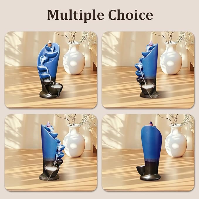 YYW Backflow Incense Burner Holder Handmade Statue Decor Fountain Waterfall Incense Holder with 20 Backflow Incense Cones 30 Incense Sticks 1 Tweezer 1 Mat for Indoor Meditation Yoga (Navy Blue) - Bloomnest