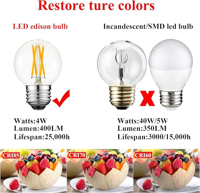 Arberlic G16.5 Light Bulb LED,4W E26 LED Bulb dimmable Equivalent E26 40 watt Light Bulb,Warm White 2700K,400lm,CRI85+,AC120V,Edison Style,Clear Glass,Flicker Free,Pack of 6 - Bloomnest