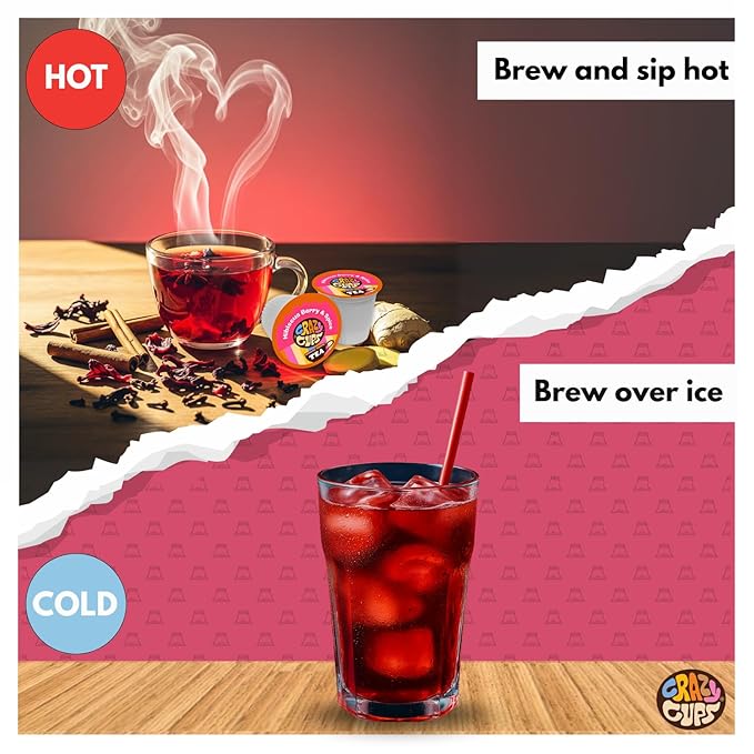 Crazy Cups Hibiscus Berry & Spice Herbal Tea Pods, 22 Count, Caffeine Free, Kosher Certified, Fruity & Spiced Blend with Cinnamon, Ginger & Clove | K Cup Compatible, Hot or Iced Herbal Tea - Bloomnest