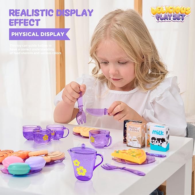Tea Party Set for Little Girls, Pretend Dessert Food Set for Kids Age 3 4 5 6 7 8 9, Kids Kitchen Pretend Play Dessert Set for Girls Princess Boys (Purple) - Bloomnest