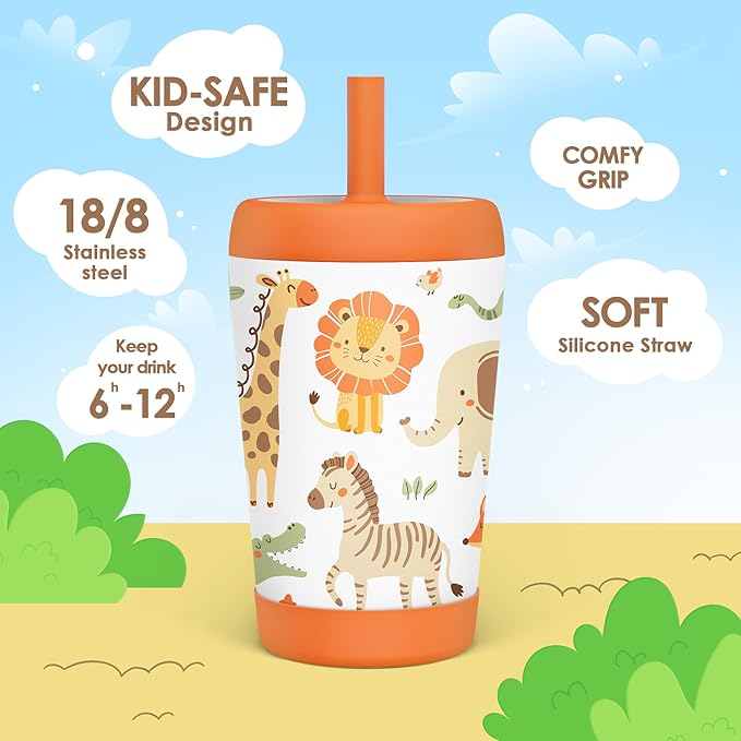 Kid Insulated Stainless Steel Tumbler with Silicone Straw, 12oz Sippy Cup for Kids (Jungle Animals) - Bloomnest