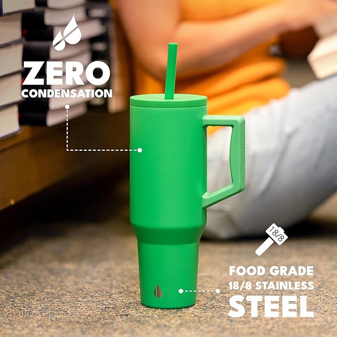 Elemental 40 oz Tumbler with Handle and Straw - Spill Proof Insulated Stainless Steel Commuter for Hot and Cold Beverages - Travel Coffee Mug with 2 Straws & Spill Proof Lid - 40oz - Green - Bloomnest
