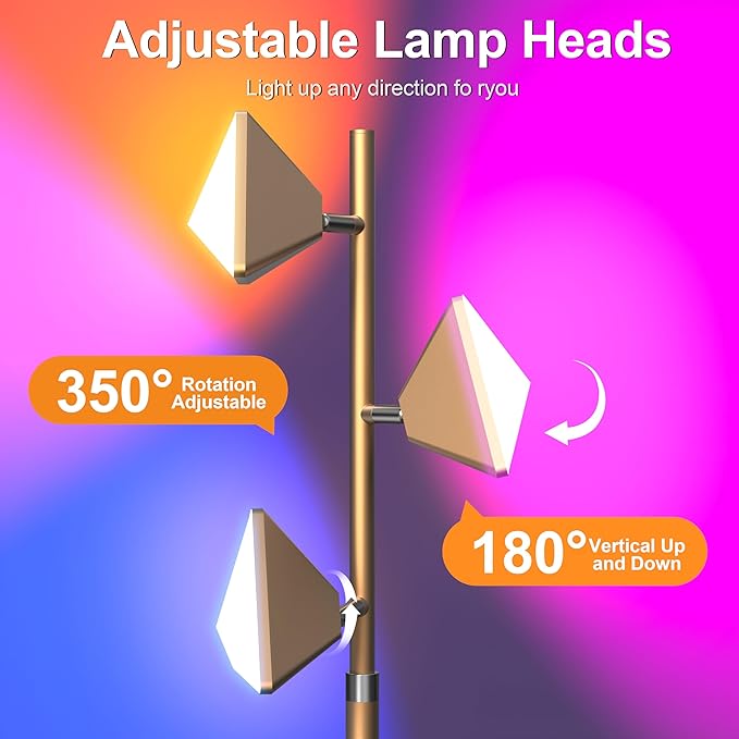 PARTPHONER RGB Tree Floor Lamp for Living Room, Stepless Dimmable Tall Standing Lamp with Remote, Touch Control and 3 Rotatable Light, Bright LED Lights for Bedroom with 4 Color-Changing, Gold - Bloomnest