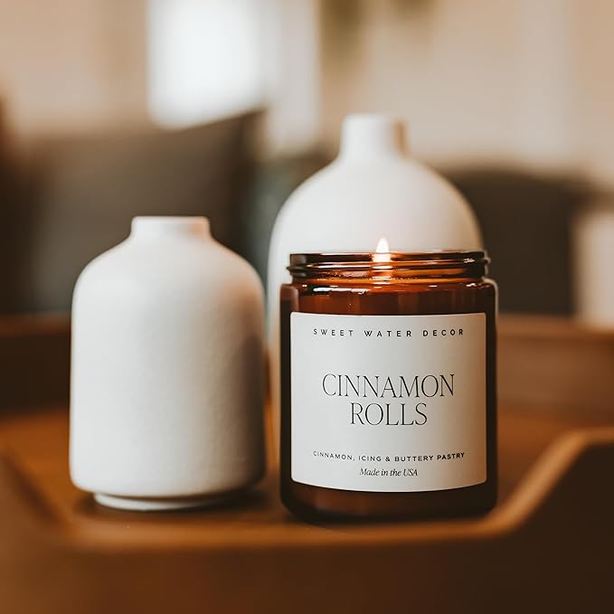 Sweet Water Decor Cinnamon Roll Candle - Fall Candle with Cinnamon, Icing & Buttery Pastry for Home - Soy Candles with 40 Hours Burn Time - 9Oz Black Lid Amber Jar Holiday Scents - Bloomnest