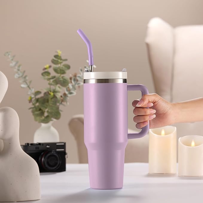 KooK Stainless Steel Tumbler, with Straw and Handle, Leakproof, Vacuum Insulated Travel Coffee Mug, Reusable Double Walled Water Bottle, Keeps Hot or Cold, 40 oz, Lilac - Bloomnest